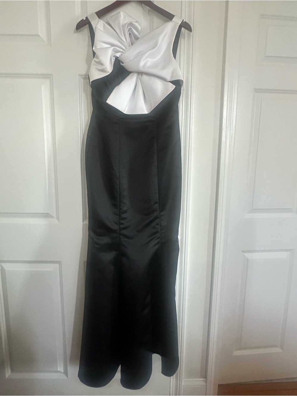 Jovani New York Black Satin Maxi Evening Gown with White Sculpted Bow Bodice